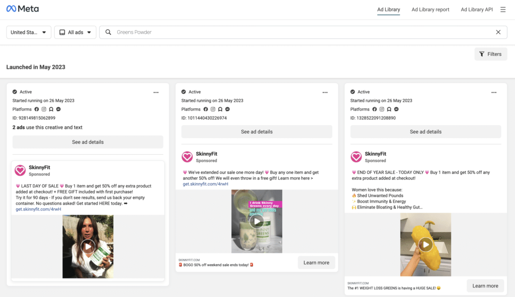 Facebook Ads library for UGC.